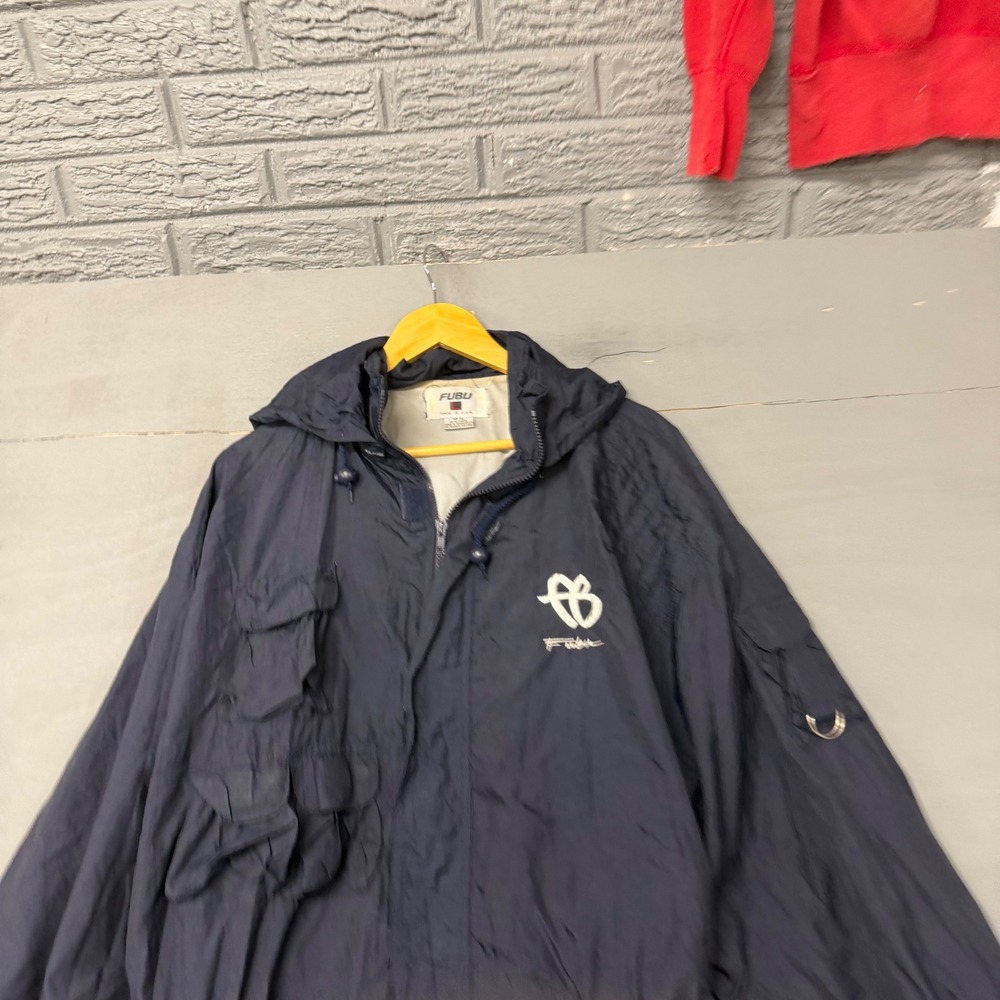 Vintage FUBU Navy Blue‎ Hooded Windbreaker Utility Jacket 90s Streetwear XL